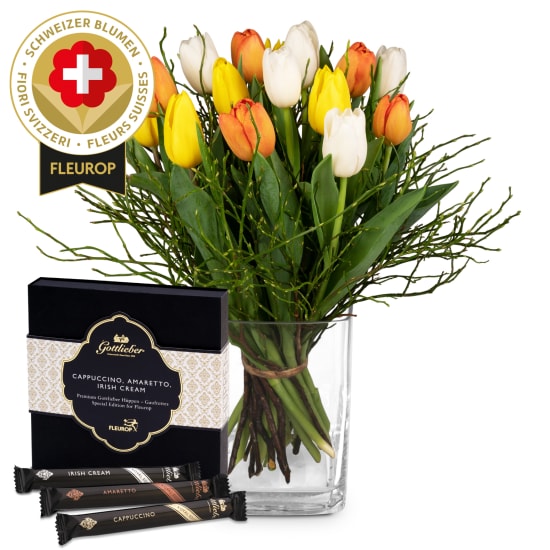 Flower bouquet «Swiss Tulips» with Gottlieber Hüppen «Special Edition for Fleurop»