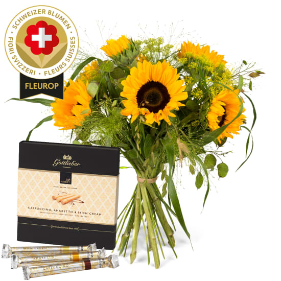 Bouquet de tournesols avec des fleurs suisses et gaufrettes Gottlieber Hüppen «Special Edition for Fleurop»