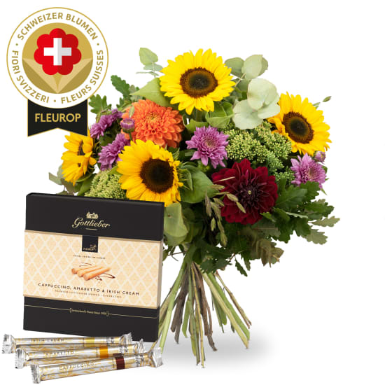 Bouquet d'automne avec des fleurs suisses et gaufrettes Gottlieber Hüppen «Special Edition for Fleurop»