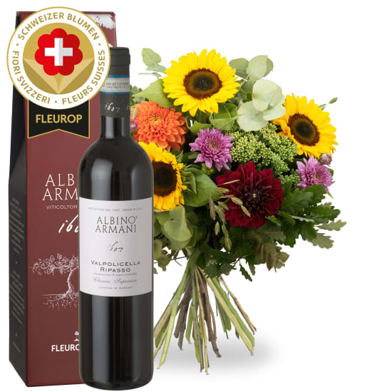 Bouquet autunnale con fiori svizzeri e Ripasso Albino Armani DOC (75 cl)