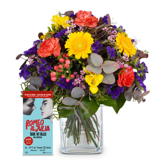 Flower bouquet «Happy» with a CHF 100.- voucher for the musical «Romeo & Julia»