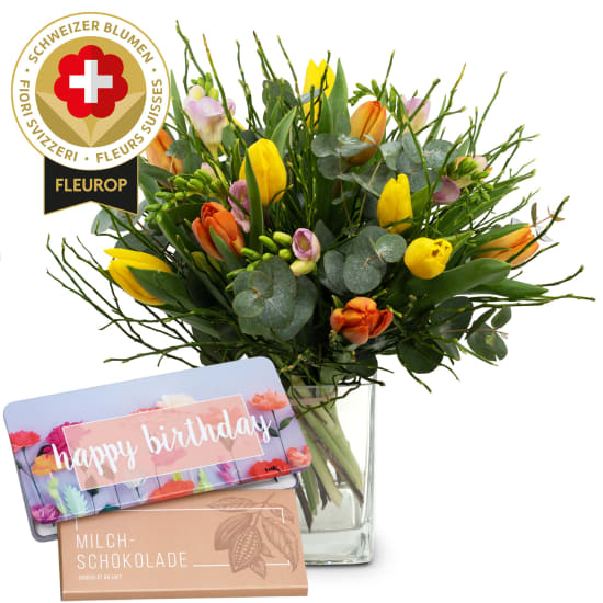 Blumenstrauss «Schweizer Frühlingsblumen» mit Munz Schoggi-Tafel «Happy Birthday»
