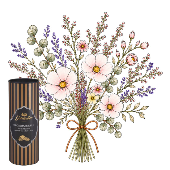 Mazzo di fiori di prato «Arioso & Leggero» in tonalità pastello con mandorle Gottlieber al cacao
