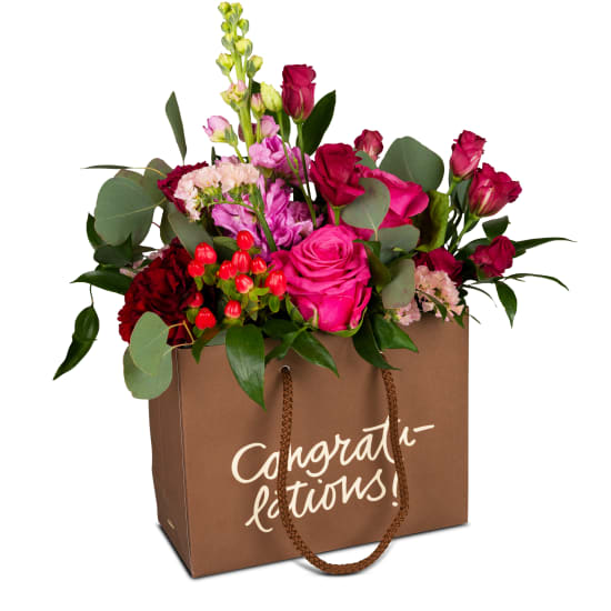 Flower bag «Congratulations!» - in red-pink tones