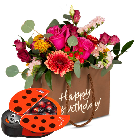 Sac à fleurs «Happy Birthday» - aux couleurs vives avec Munz coccinelle en chocolat