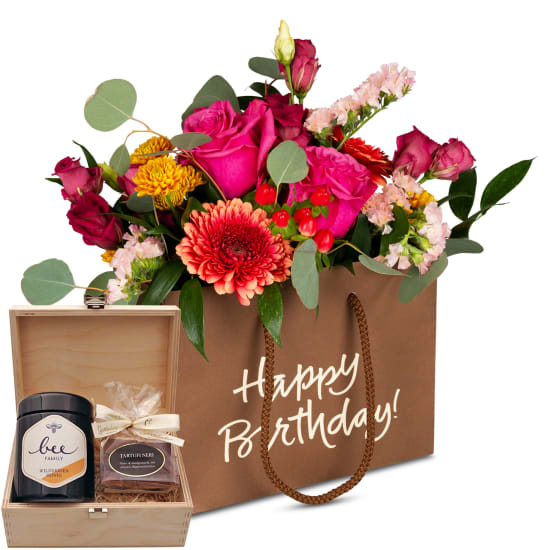 Sac-a-fleurs «Happy Birthday» - aux couleurs fraîches avec coffret cadeau Honey & Sweet de Bee-Family & Gottlieber