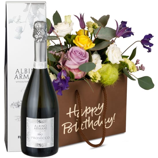 Flower bag «Happy Birthday» - in fresh colors with Prosecco Albino Armani DOC (75 cl)