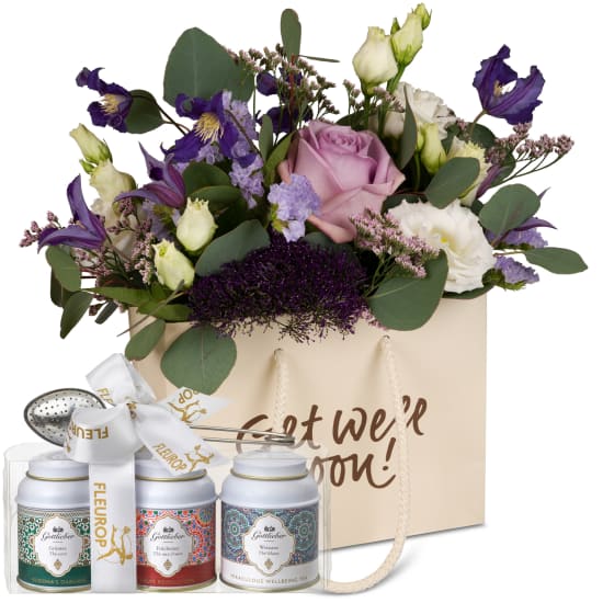 Borsa di fiori «Get well soon!» - nelle tonalità viola con set regalo di tè Gottlieber