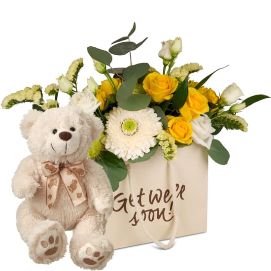 Borsa di fiori «Get well soon!» - in giallo brillante con orsetto in peluche