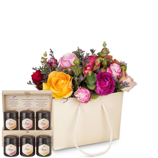 Sac à fleurs «Rêve de roses» avec coffret cadeau de miel de Bee-Family