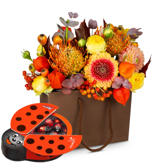 Borsa di fiori «Splendido autunno» con Munz coccinelle portafortuna di cioccolato