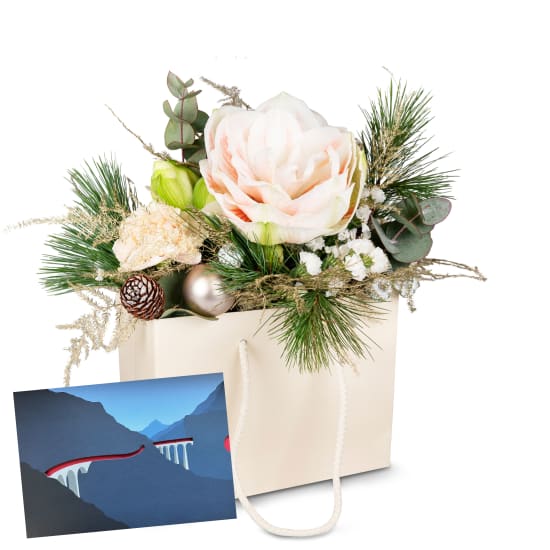 Blumentasche «Weihnachtsgeflüster» mit Geschenkgutschein CHF 50.- der Rhätischen Bahn