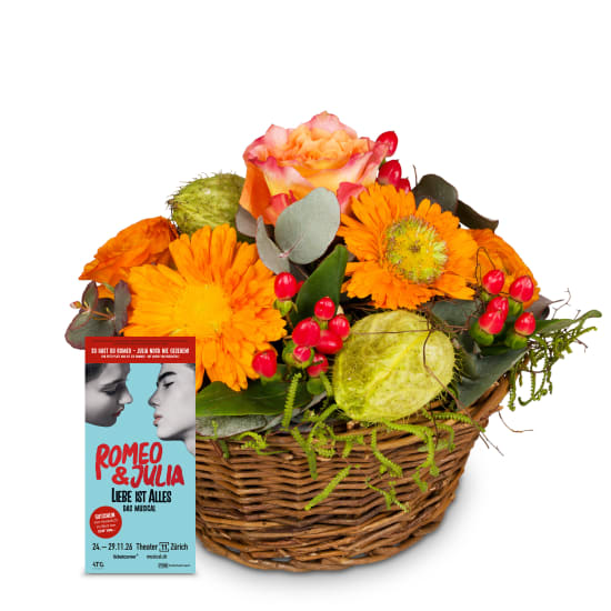 Blumengesteck «Frühling pur» mit Gutschein CHF 100.- für das Musical «Romeo & Julia»