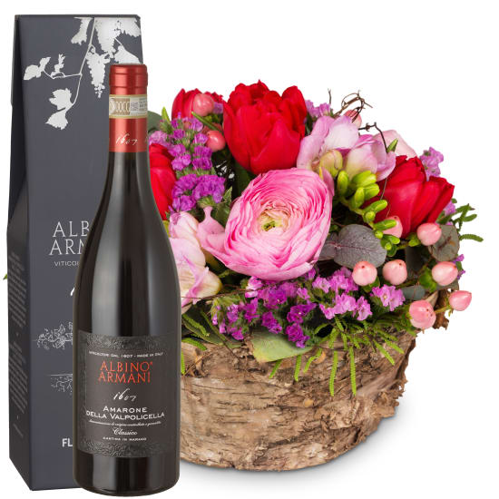Blumengesteck «Zarte Frühlingskreation» mit Amarone Albino Armani DOCG (75 cl)