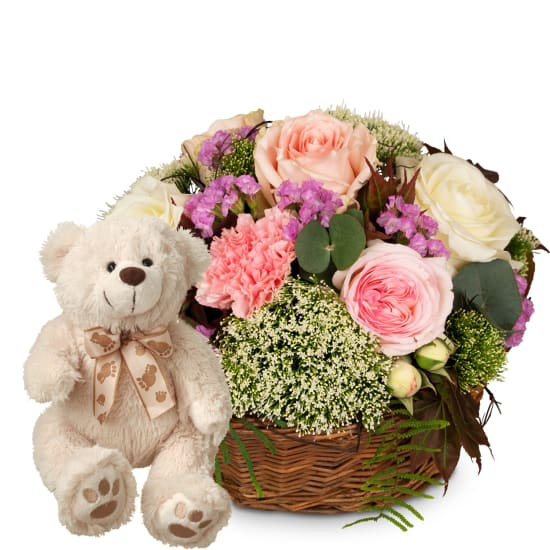 A Basket full of Poetry with Roses and teddy bear