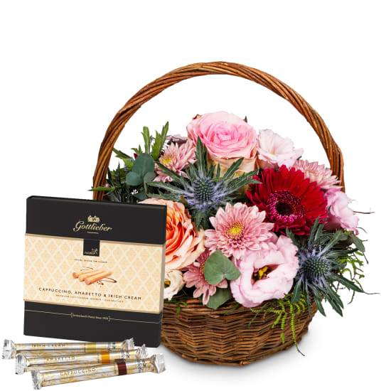 Message floral romantique avec gaufrettes Gottlieber Hüppen «Special Edition for Fleurop»
