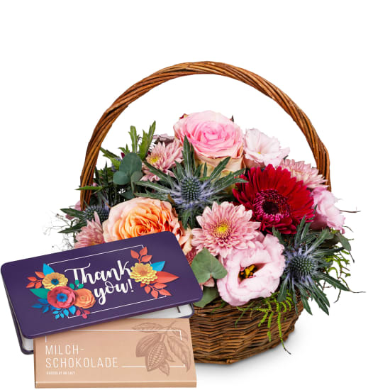 Message floral romantique avec Munz tablette de chocolat «Thank you»