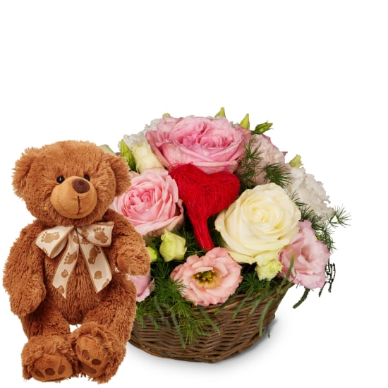 Blumengesteck «Eine Botschaft voller Liebe» mit Teddybär