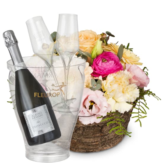 Flower arrangement «Gentle Spring Melody» with Prosecco Albino Armani DOC (75 cl), incl. ice bucket and two sparkling wine flutes