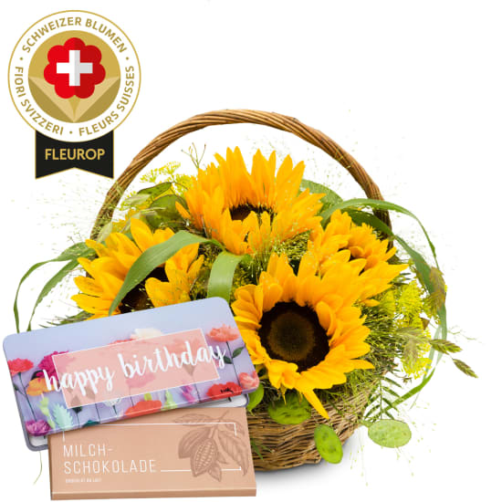 Arrangement de tournesols avec des fleurs suisses avec fleurs suisses et Munz tablette de chocolat «Happy Birthday»