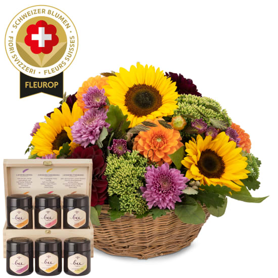 Autumn arrangement with Swiss flowers and Bee-Family honey gift set