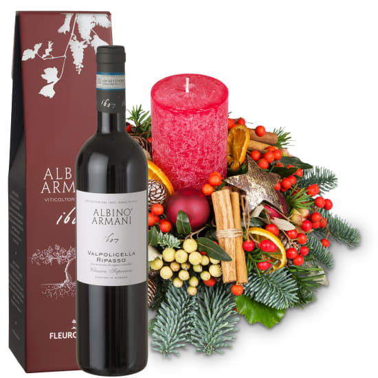 Arrangement avec bougie «Festif et prestigieux» avec Ripasso Albino Armani DOC (75 cl)