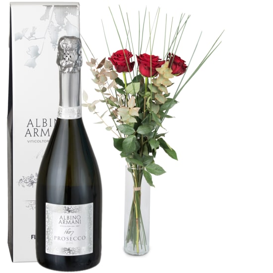 3 rote Rosen mit Grün und Prosecco Albino Armani DOC (75 cl)