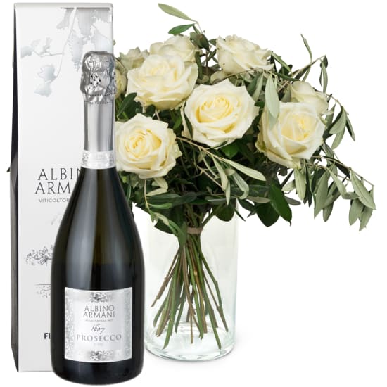 12 roses blanches avec verdure et prosecco Albino Armani DOC (75 cl)