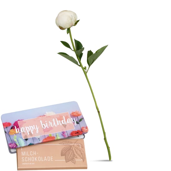 1 peony (white) with Munz bar of chocolate «Happy Birthday»