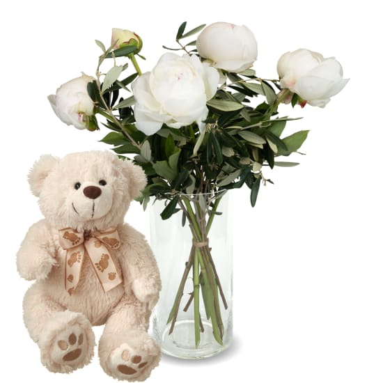 5 peonie bianche con verde e orsetto in peluche