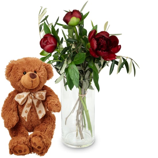 3 peonie bordeaux con verde e orsetto in peluche