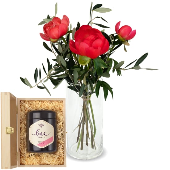 3 peonies (coral) with greenery and Bee-Family Swiss blossom honey