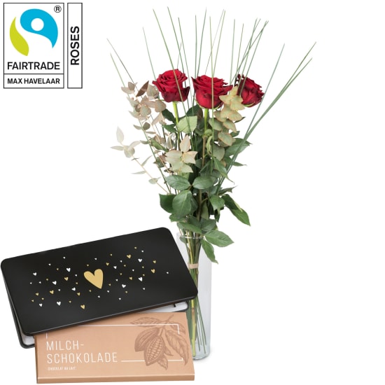 3 Red Fairtrade Max Havelaar-Roses with greenery and Munz bar of chocolate «Heart»