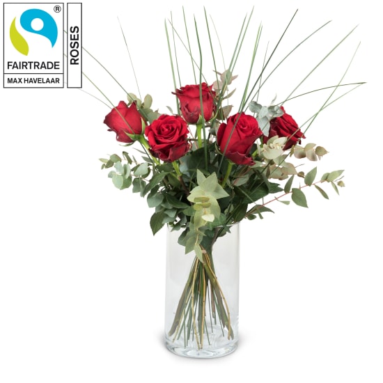 5 roses rouges de Fairtrade Max Havelaar avec verdure