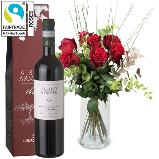 7 roses rouges Fairtrade Max Havelaar avec verdure et Ripasso Albino Armani DOC (75 cl)