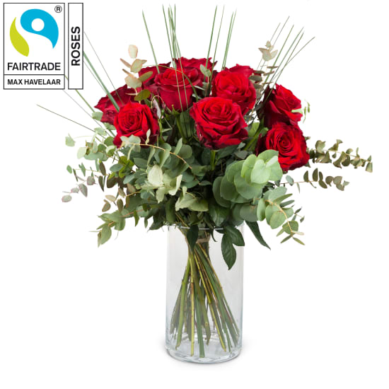 12 roses rouges de Fairtrade Max Havelaar avec verdure