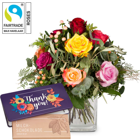 Bellissima with Fairtrade Max Havelaar-Roses and Munz bar of chocolate «Thank you»