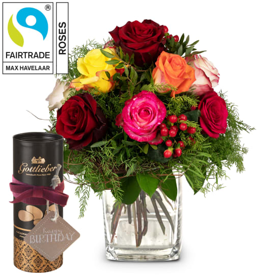 Magie de roses avec roses Fairtrade Max Havelaar avec amandes au cacao Gottlieber et étiquette à suspendre «Happy Birthday»