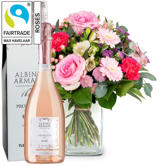 Blumenstrauss «Harmony» mit Fairtrade-Rosen Max Havelaar und Prosecco Rosé Albino Armani DOC (75 cl)