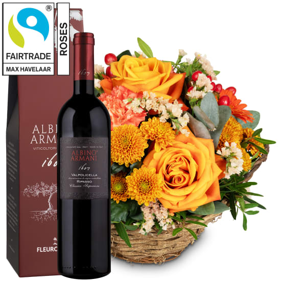 Flower arrangement «Pura Vida» with Fairtrade Max Havelaar Roses and Ripasso Albino Armani DOC (75 cl)