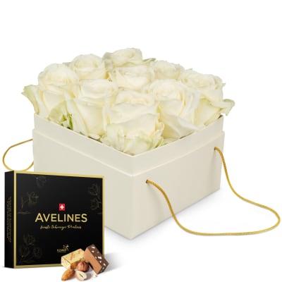 Blumenbox «Athens» (15 cm) mit Avelines Pralinés von Maestrani