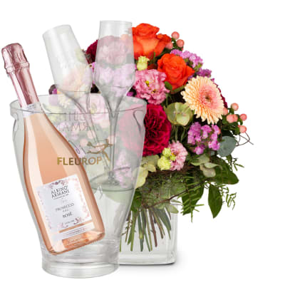 Blumenstrauss «Geburtstag» mit Prosecco Rosé Albino Armani DOC (75 cl), inkl. Eiskühler und zwei Flûte-Gläser