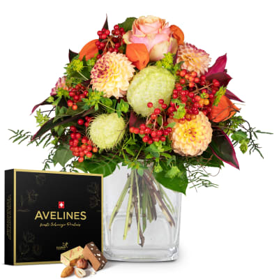 Blumenstrauss «Little Indian Summer» mit Avelines Pralinés von Maestrani
