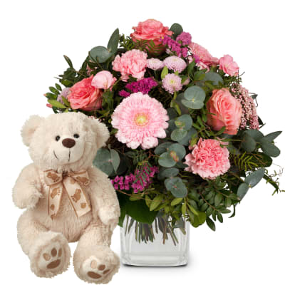 Blumenstrauss «Märchen in Rosa» mit Teddybär