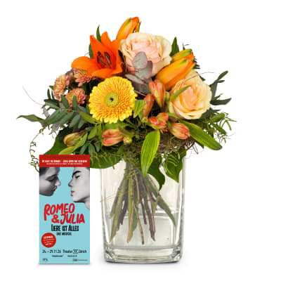Flower bouquet Wonderful Day with Lily and a CHF 50.- voucher for the musical «Romeo & Julia»