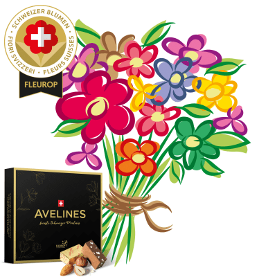 Schweizer Blumenstrauss «Überraschig» mit Avelines Pralinés von Maestrani