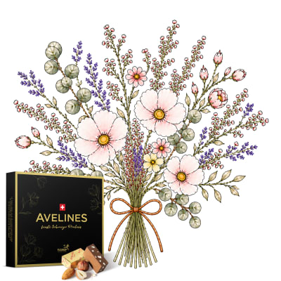 Wiesenstrauss «Light & Natural» in Pastelltönen mit Avelines Pralinés von Maestrani