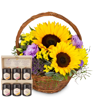 Blumengesteck «Power of Summer» mit Honig Geschenk-Set von Bee-Family