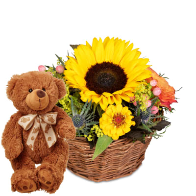 Blumengesteck «Sonniges Küsschen» mit Teddybär