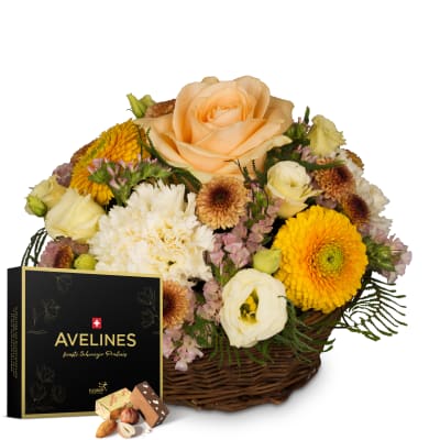 Arrangement floral «Bright Surprise» avec pralinés Avelines de Maestrani